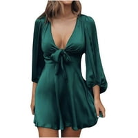 Efsteb дамски есенни рокли солиден цвят свободна модна рокля с дълъг ръкав ежедневно v-образно деколте елегантни вратовръзки зелени L
