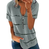 Женски върхове v Врат цип нагоре по късо ръкави ризи ивици щампа летни ежедневни тениски Разхлабени туника блузи