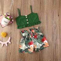Fanvereka бебе момичета летен бутон за облекло надолу зелена без ръкаща върхове + листа флорални печат дълъг шорти за пола комплект