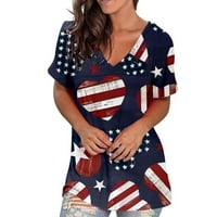 4 юли дамски патриотични ризи модерни американски флаг печат Лято късо ръкав Небрежен V Врат графична туника тениски риза свободно огромно удобно тениска блуза флот l
