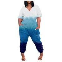 Плюс размери комбинезони за жени ежедневни летни къси ръкави v гащеризон от врата с джобове, свободни огромни торбички с дълги панталони с дълги панталони 03-SKY Blue s