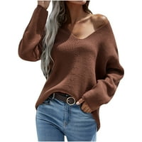 Женски модни дълги ръкави v Врат свободни пуловер върхове блуза плетен пуловер Небрежен удобен тънък прилепнал джъмперни върхове