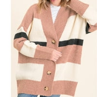 Пуловери за жени за жени нови V-образни ивицирани цветни цветни бутони за цветни блокове Причинени женски плетени върхове с дълги ръкави с пуловер с джобни жилетки