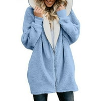 Цип зимни палта за жени, небрежен плюс размер руно яке с качулка хлабав мек външен шерпа облицована дебела палто с джоб