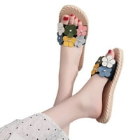 Semimay Women Shoes Summer Beach Flippers Цветя имитация на слама тъкат плоски чехли