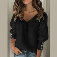 Черни пуловери за жени Модни чисти цветни бутони с v-образно деколте с дълъг ръкав плетен пуловер есен и зимен топъл пуловер на блуза върхове