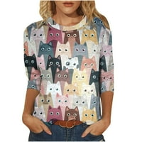 Сладък модел графични летни върхове за жени модерни котки печат дамски туника върхове Crewneck Основни ризи Тейс ръкав Облечени блузи за жени