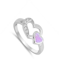 Вашият цвят розов симулиран Opal Two Hearts Love Ring. Sterling Silver Band White CZ женски размер 7