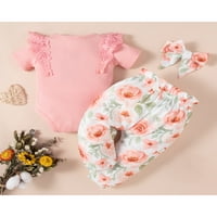 Изгнзено новородено бебе момичета флорални дрехи оребчета татко момиче мама на думата Romper+Pant+лента за глава розово 3- месеца