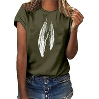 Тениски за къси ръкави за жени свободни прилепнали небрежни перо печат върхове Crewneck Подарък за рожден ден Основни летни тийнейджъри Блузи
