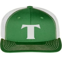 Daxton Baseball Trucker Hat 3D капитал по азбука Букви структурирана капачка от среден профил, Kelly White Hat, White Letter T